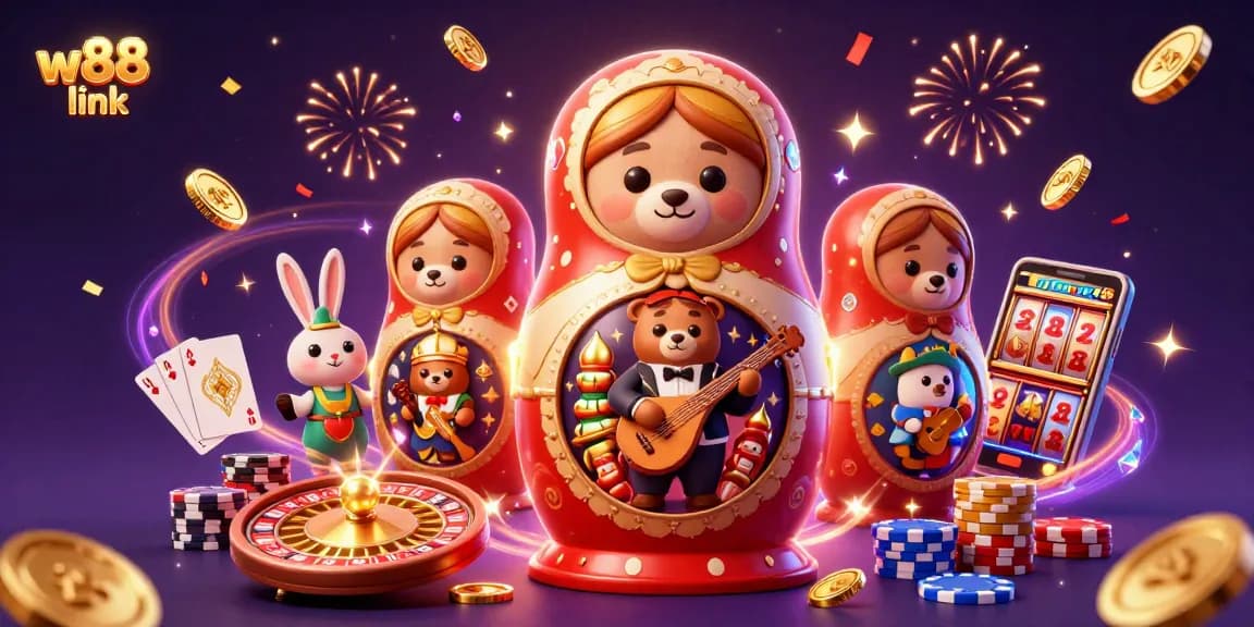 Experience the excitement of w88 link with our vibrant 3D casino illustration featuring engaging characters and dynamic game elements.