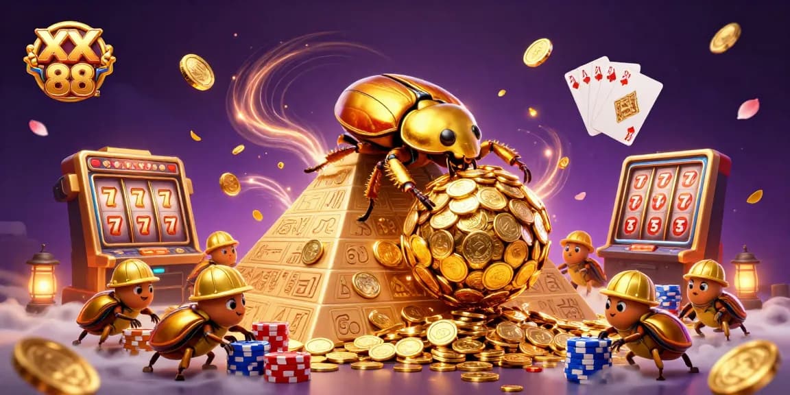 Spin the reels at XX 88 with a golden beetle adventure among vibrant casino treasures.