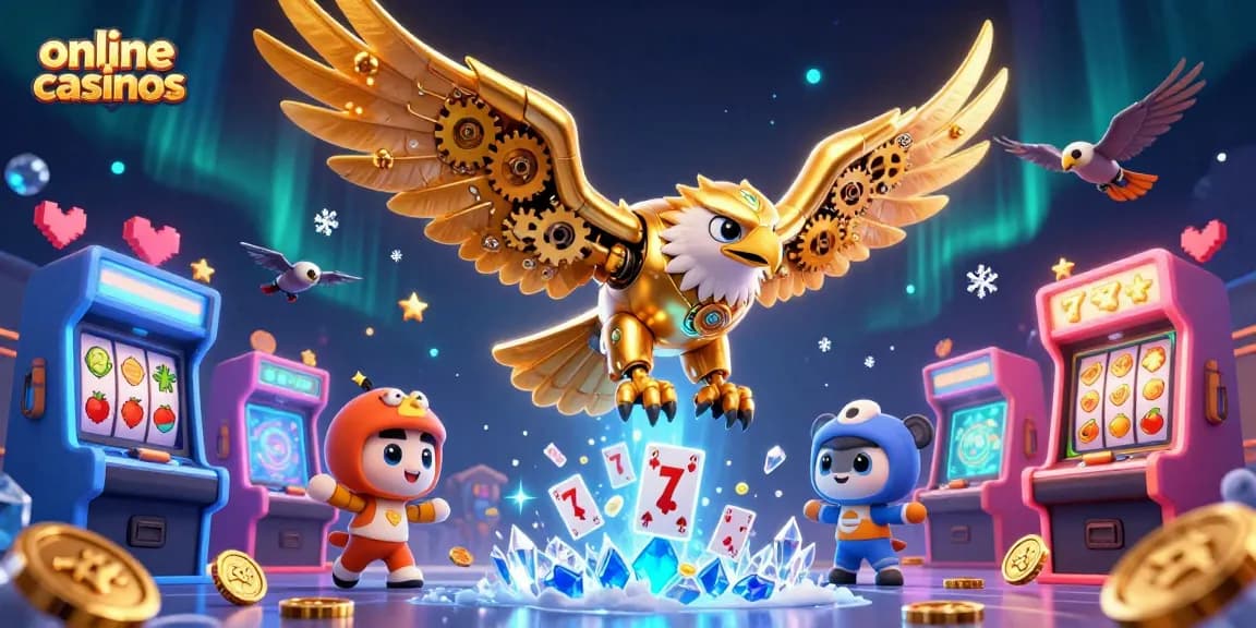 Engage in exciting online casinos with a dynamic 3D scene featuring skilled characters and slot elements.