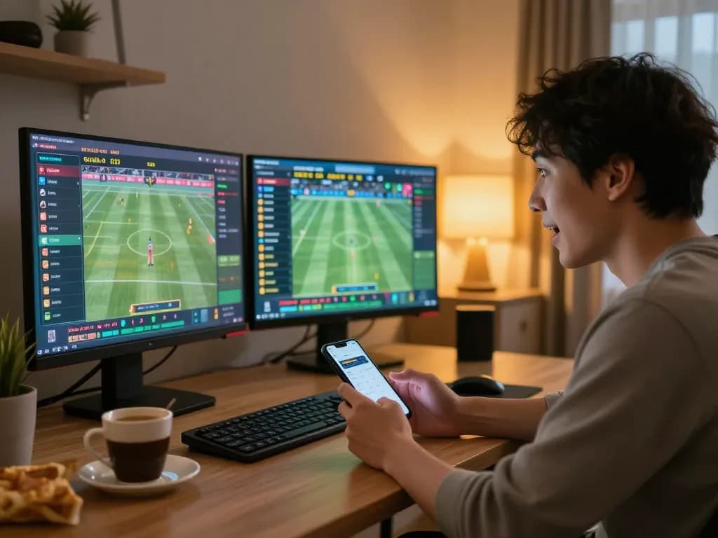 Person placing bets on smartcityhostels using live sports odds on multiple screens, creating an engaging gambling experience.