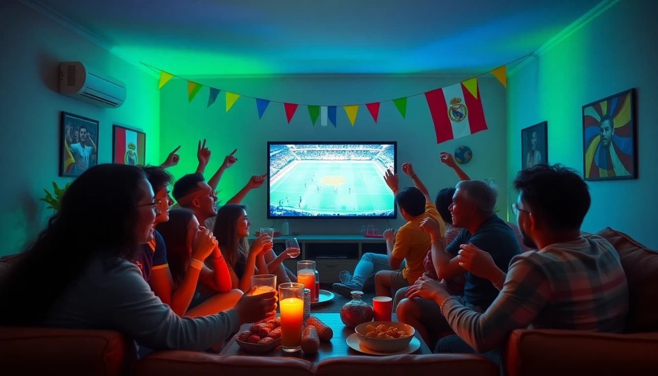 Cakhia TV fans enjoying a live football match together in an exciting atmosphere.