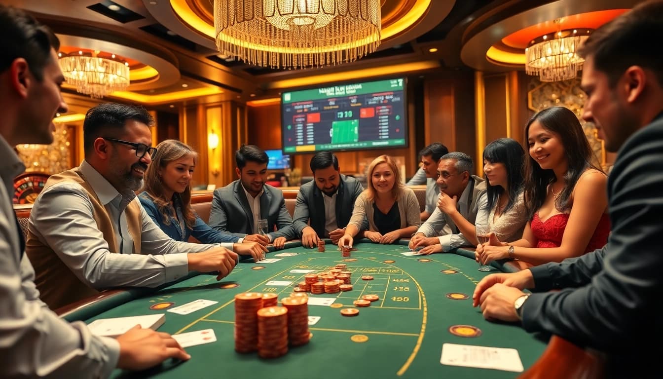 Exciting Judi Bola Piala Dunia betting scene at a luxurious casino with diverse players.