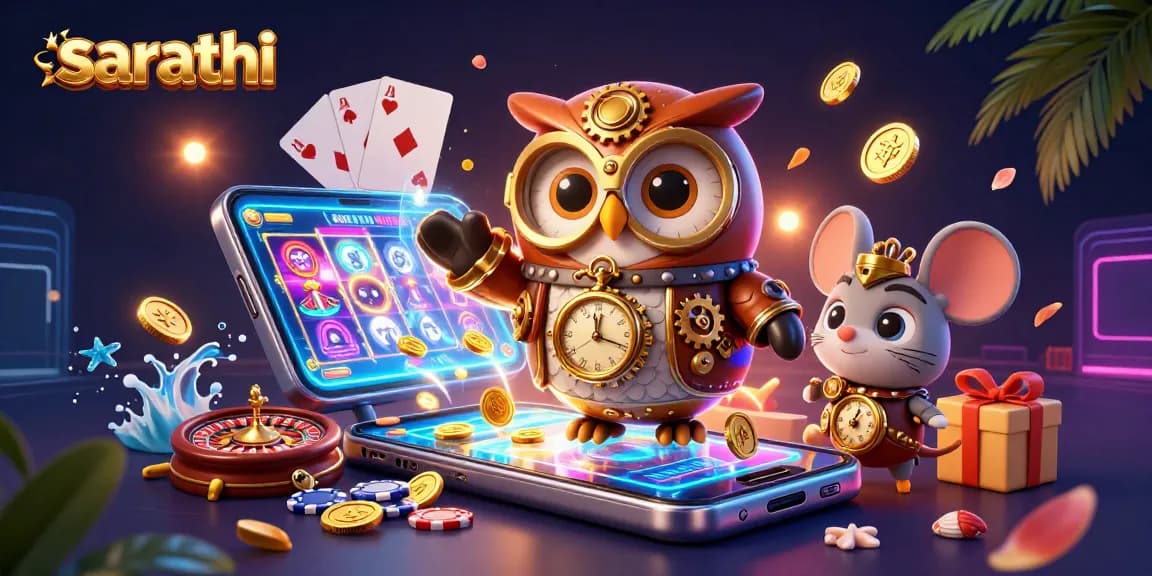 Play exciting slot games at sarathi with a vibrant scene of animated characters and casino elements.