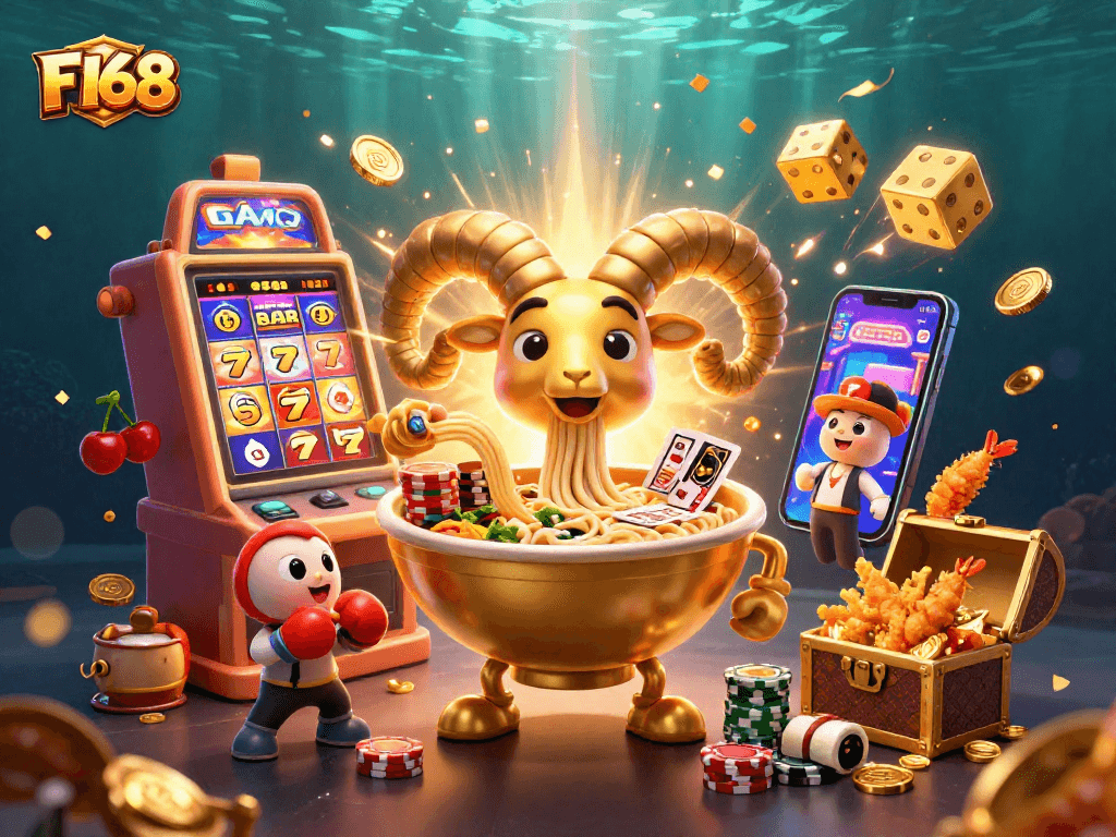 Experience the thrill of F168 as a golden ramen bowl deals cards among a vibrant casino scene.