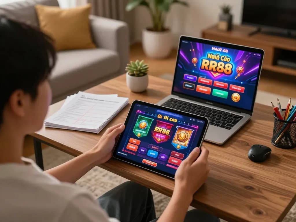 Engaged player exploring Nhà Cái RR88 casino on a tablet in a cozy home environment