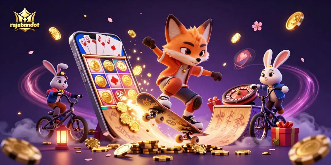 Experience gaming excitement with rajabandot through a vibrant 3D illustration featuring a fox and rabbit amid casino elements.