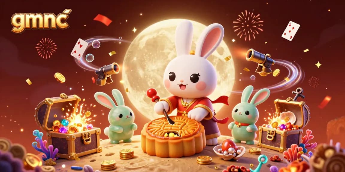 Experience the magic of gmnc with playful moon rabbits and vibrant casino elements celebrating on the lunar surface.