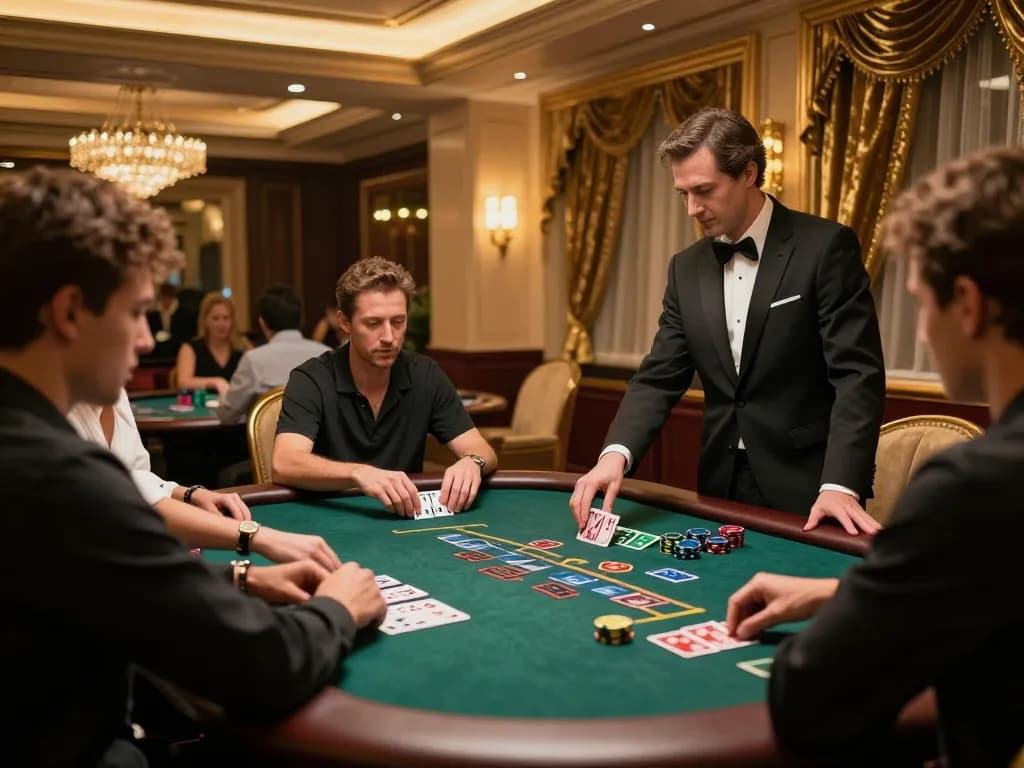 Players engaging in blackjack at a luxurious VIP table in a casino, showcasing strategic gameplay.