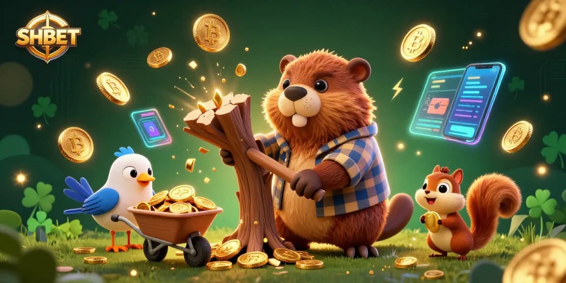 Collect winnings at SHBET with a cartoon beaver and friends surrounded by gold and crypto elements.