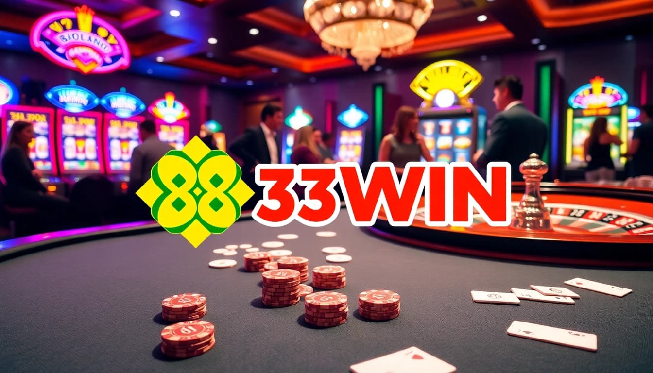 Experience the thrill of 33WIN at a luxurious casino table with vibrant chips and cards.
