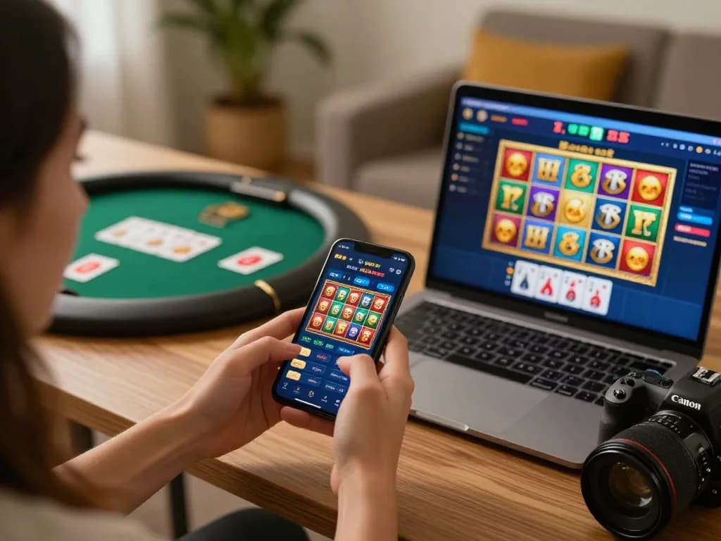 Engaged player using MM 88 casino app on smartphone to spin slots in a cozy home setup.