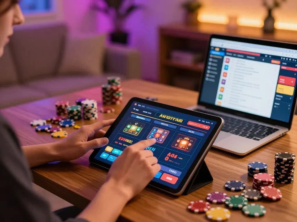 Engaging player enjoys RR88 casino slots on tablet, colorful chips scattered around