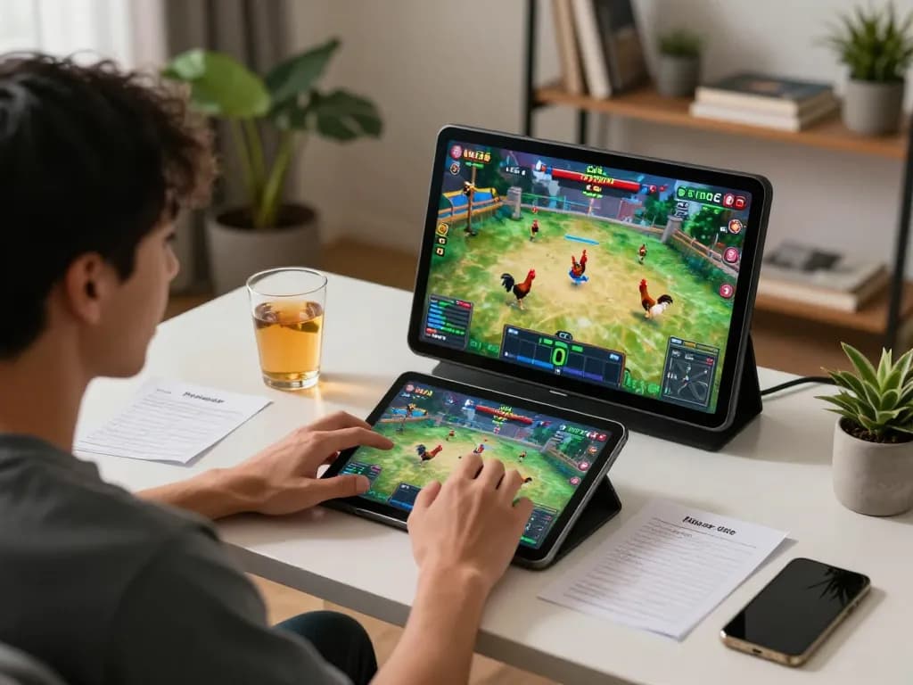 The player watches đá gà trực tiếp c3 on a tablet, excited by the online cockfighting action, supported by strategic notes.
