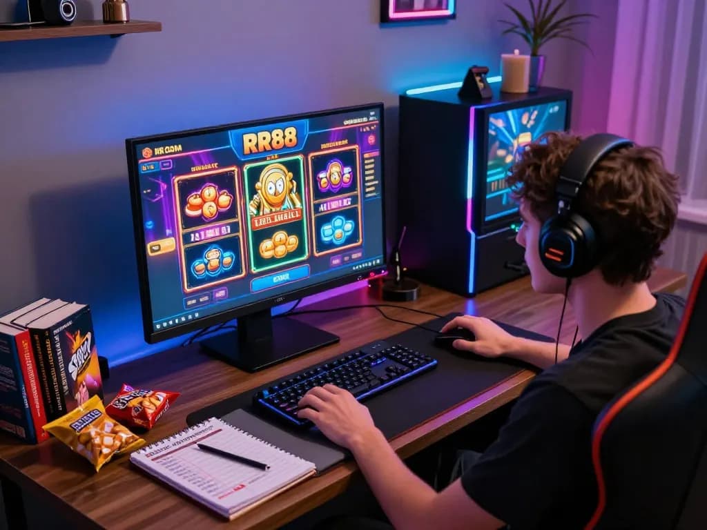 Engaging online gaming moment at RR88 with thrilling slot interface and strategy notes.