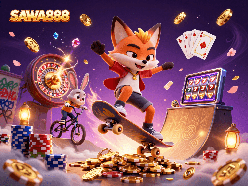SAWA888 showcases a thrilling casino scene with animated characters in action, featuring vibrant game elements.