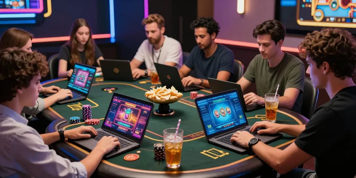 Players enjoying games on https://rokok88.bet with modern technology in a lively casino atmosphere