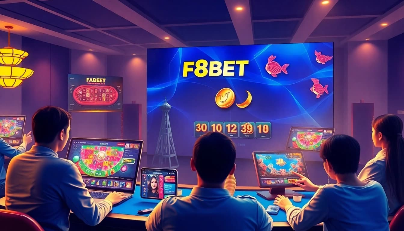 F8BET trang chủ showcasing a modern online gaming interface with diverse players engaging in various games on multiple devices.