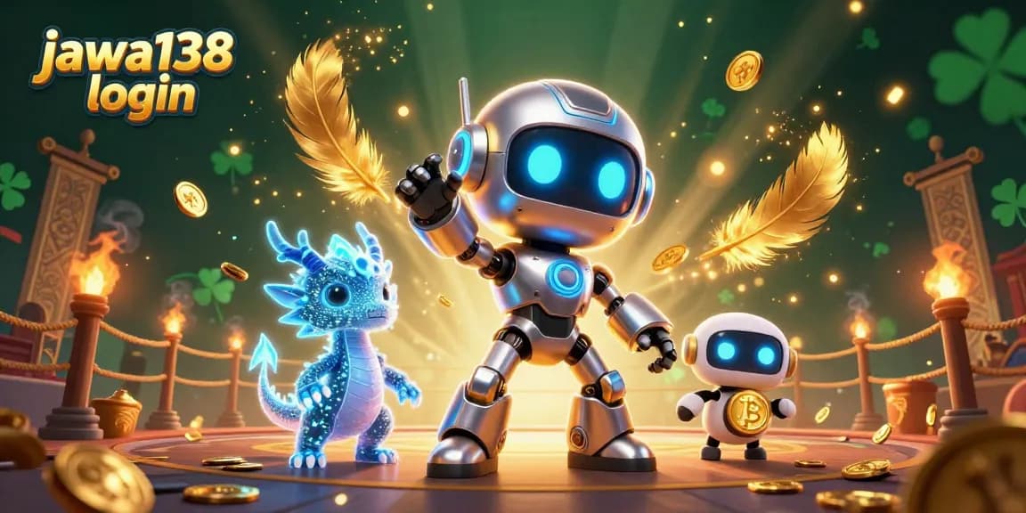 Mengamati dunia permainan dengan jawa138 login, ilustrasi 3D robot futuristik dan teman hologram dalam suasana kasino menarik.