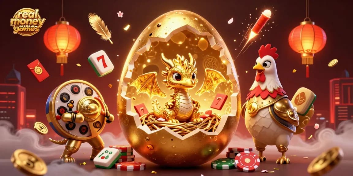 Experience exciting real money casino games with a golden dragon and rich casino elements in a dynamic scene.