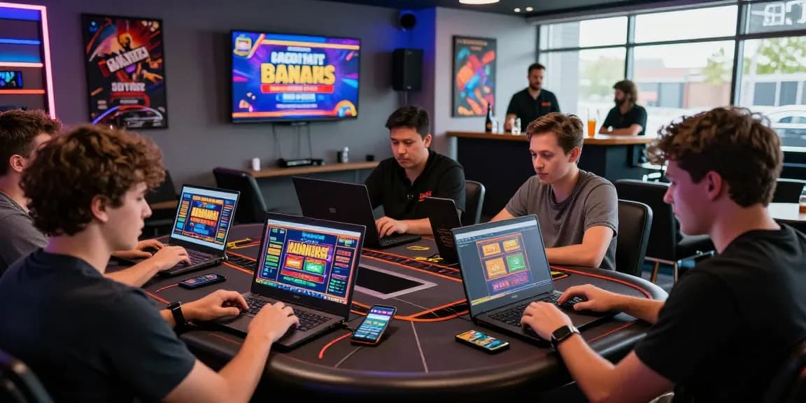 Players engaging with credit card casinos at https://thegbhouse.co.uk/ in a vibrant gaming lounge full of excitement.