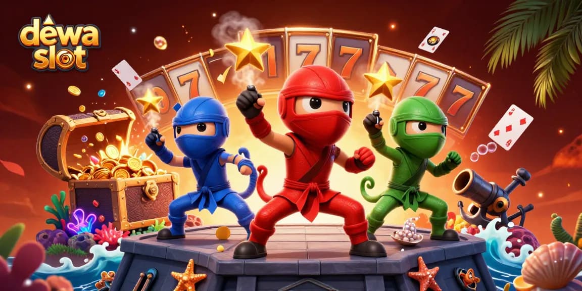 Engage with dewa slot's thrilling scene featuring ninja chameleon characters in a vibrant casino setting.