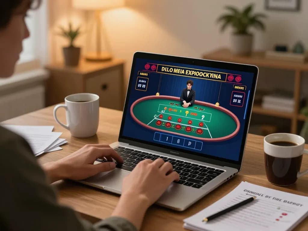 Engaging player enjoying online gaming at https://lv88cha.com/ with live blackjack, laptop, and strategy notes.