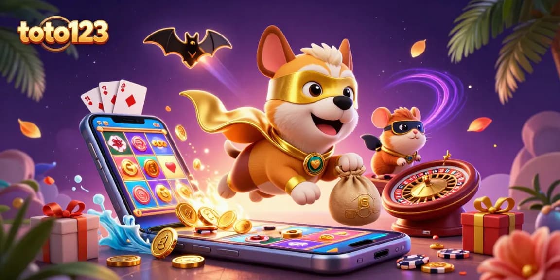Win big with toto123! Cartoon dog flies with gold coins, surrounded by casino elements.