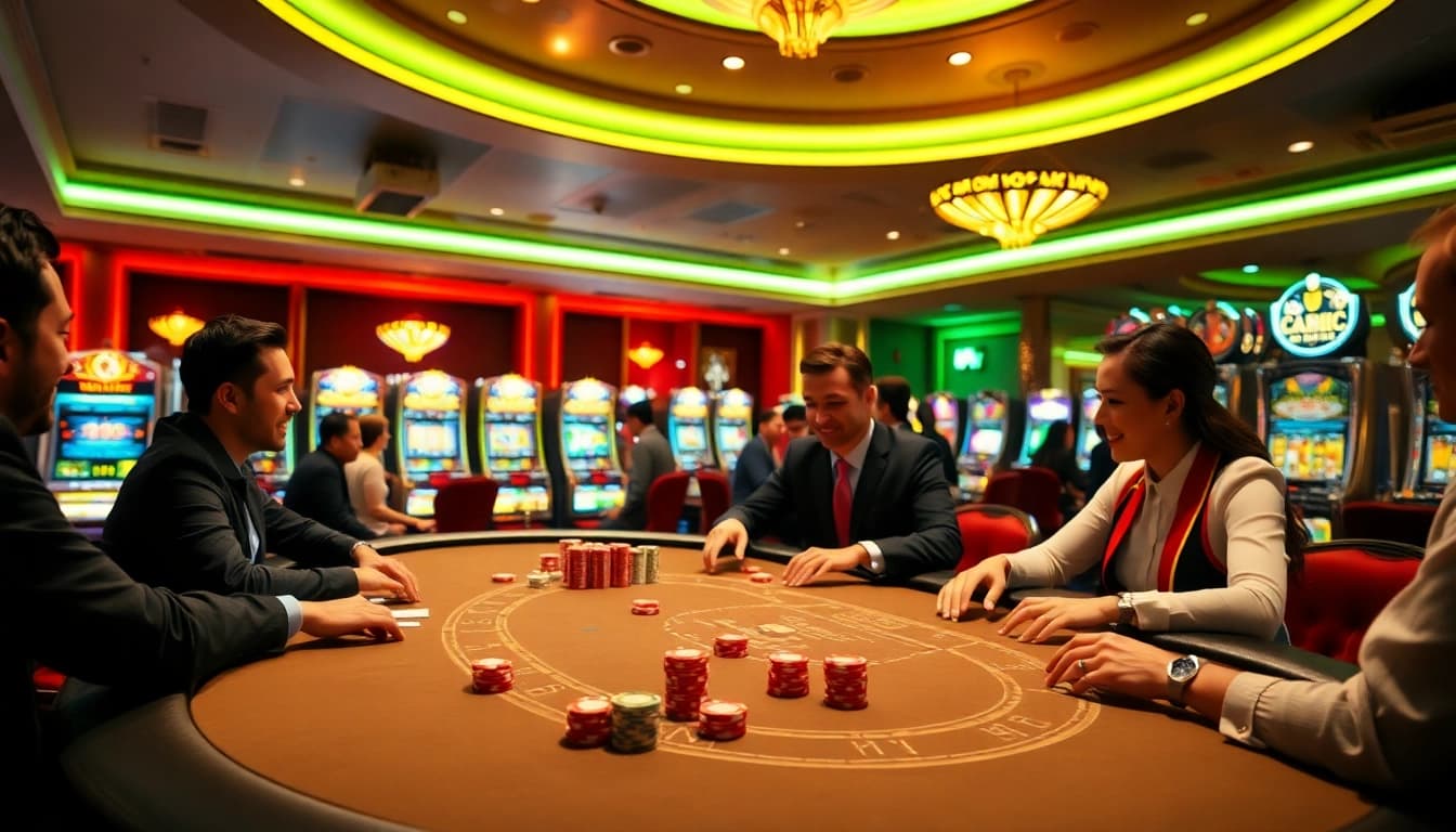 SODO casino players enjoying an exciting poker game at a luxury table with vibrant slot machines in the background.