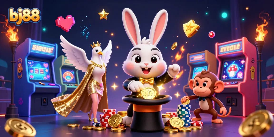 Engaging bj88 illustration of a magician rabbit pulling coins with casino-themed elements showcasing excitement in betting.