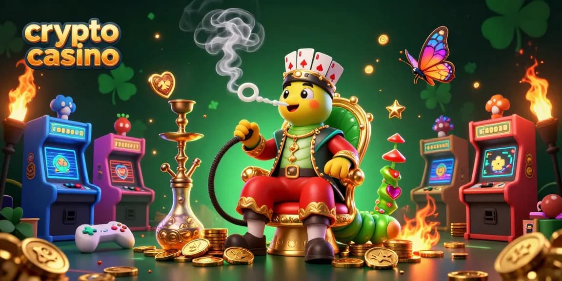 Engage in the vibrant world of a crypto casino with a colorful 3D illustration showcasing a caterpillar masterly blowing poker symbols.