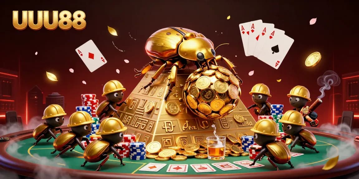 Experience UUU88’s thrilling online betting atmosphere with golden beetles rolling coins in a vibrant casino.