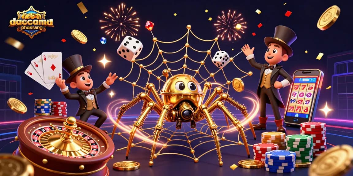 Engage with dacsandatphanrang as a golden spider ensnares dice in an intricate web amidst swirling coins and cards.