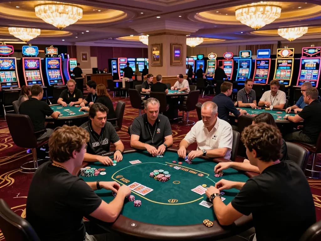 Dynamic poker action at god55 casino, players engaged in strategic gameplay under warm casino lighting.