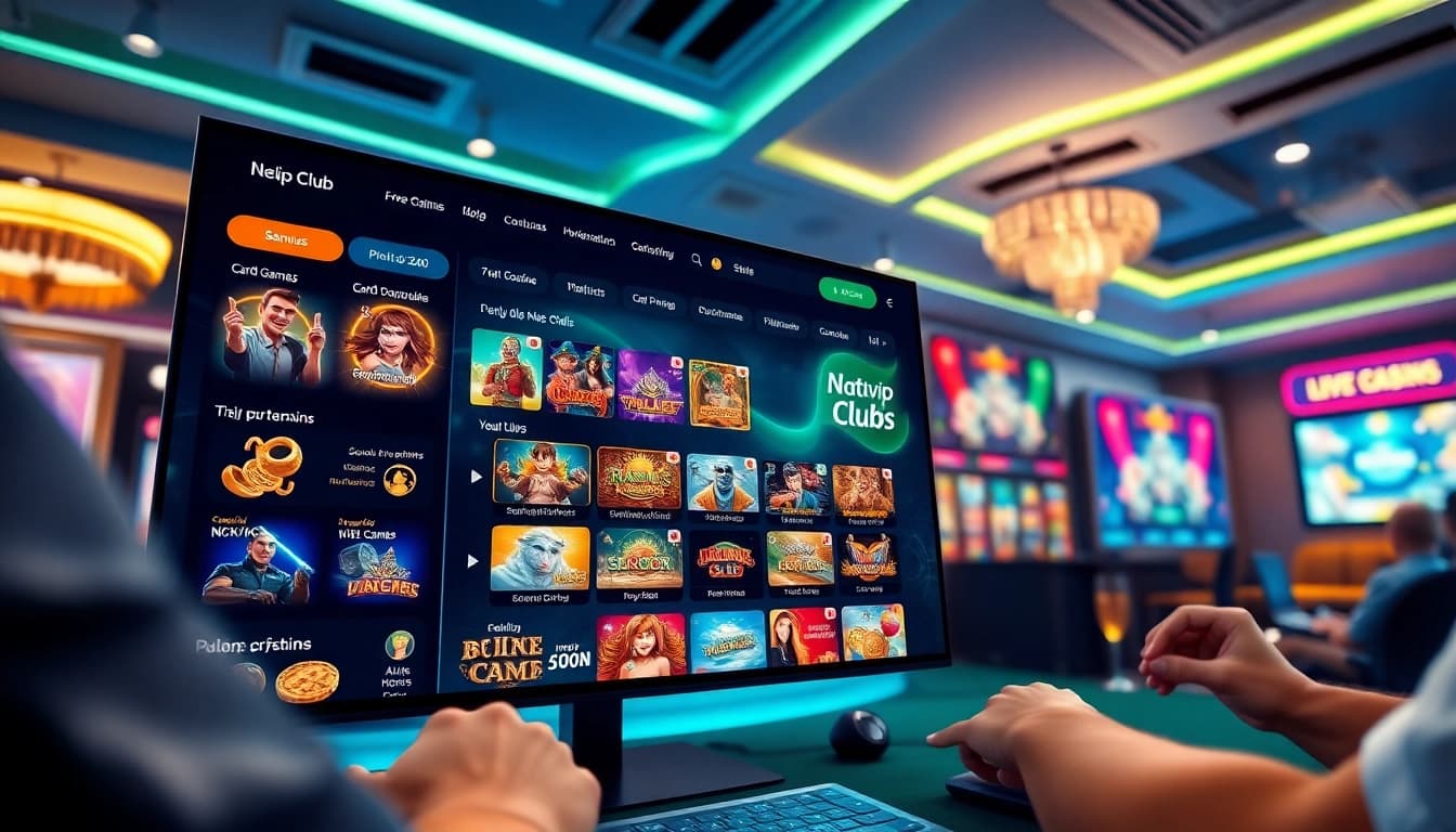 Nhatvip Club online gaming interface showcasing vibrant games and promotions in a dynamic setting.