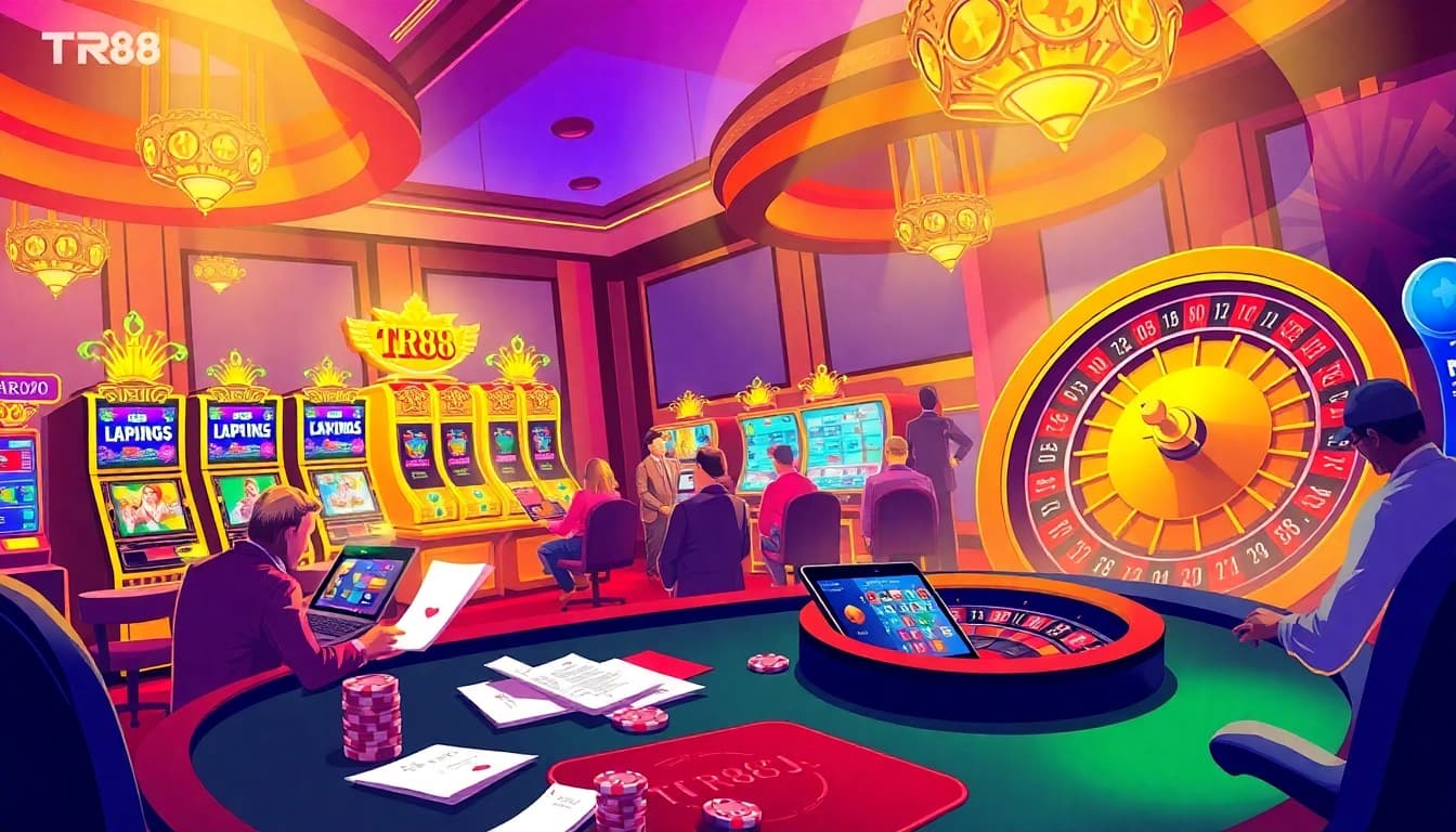 Engage in thrilling online gambling at https://tr88.tech/ with vibrant casino visuals showcasing poker, slots, and roulette.