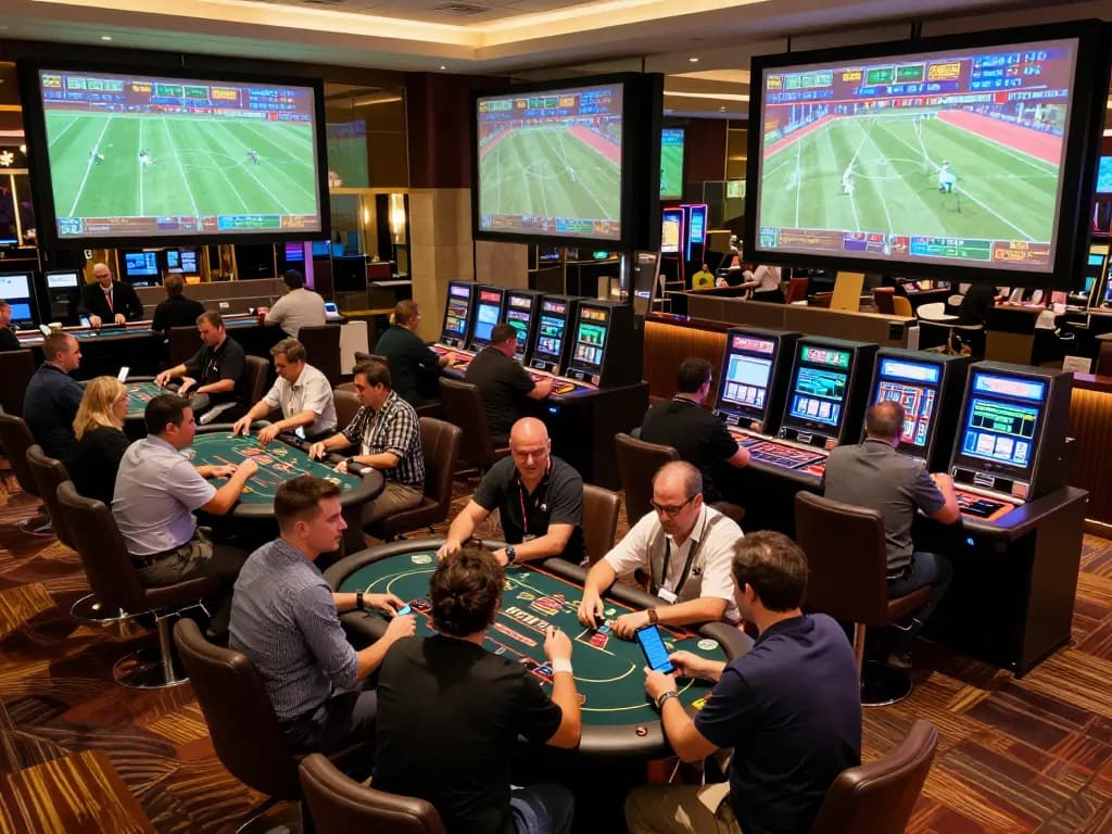 RR88 betting enthusiasts immersed in live sports gaming action at a casino lounge.