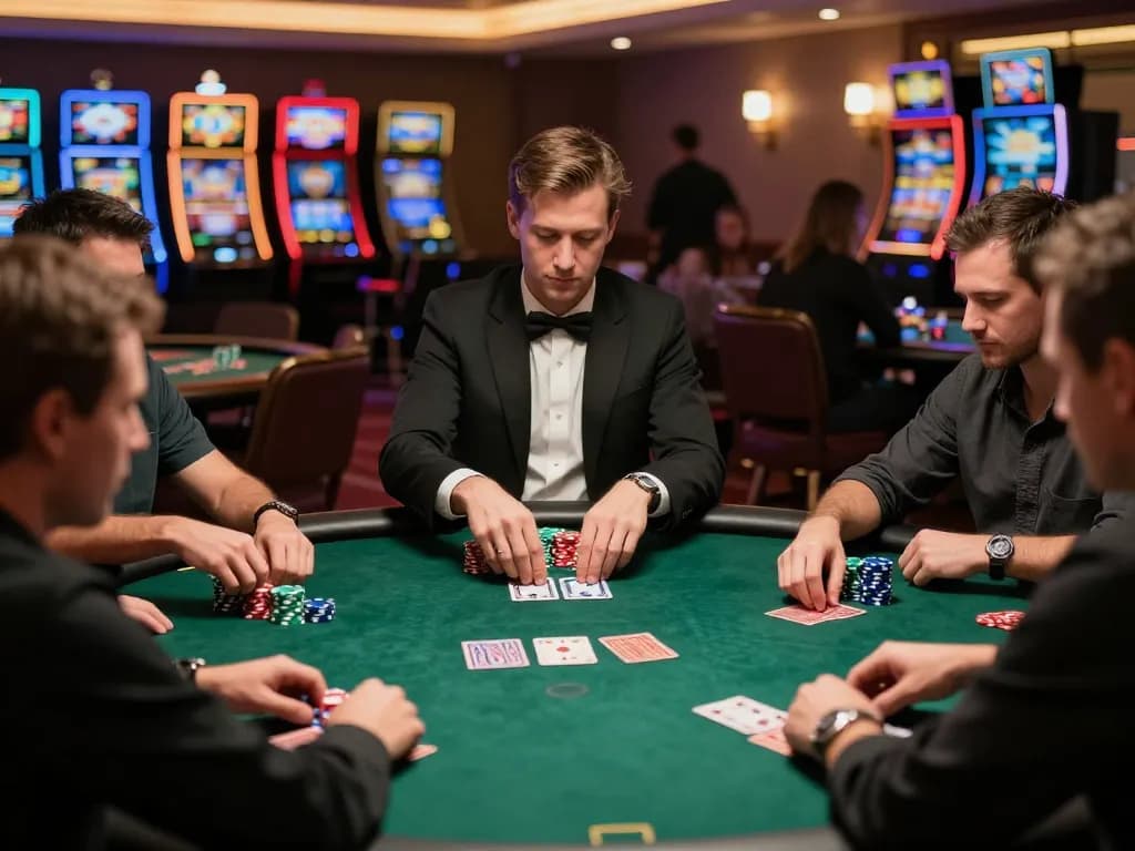 FC88 poker players strategizing with chips stacked on a vibrant green table, capturing exciting game dynamics.