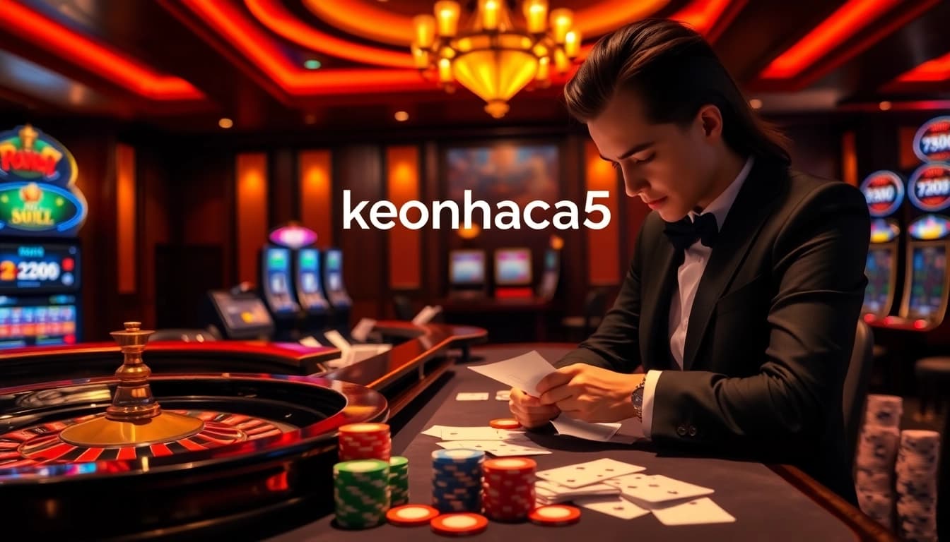 Engaging scene at a casino showcasing keonhacai5 betting excitement with roulette and cards.