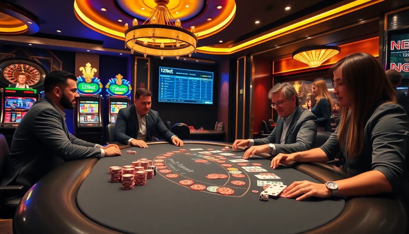 Players enjoying a thrilling game at the 123bet casino table with vibrant poker chips and cards.