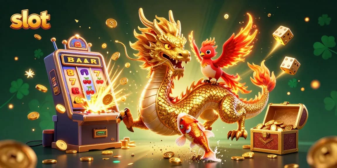Spin thrilling slots with golden dragon, phoenix, and koi amid coins and jackpots