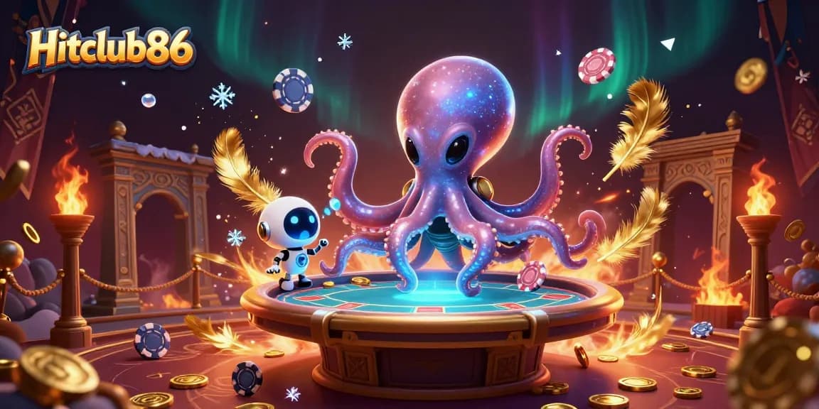 Play thrilling games at Hitclub86 with a dynamic illustration showcasing a vibrant alien octopus at the poker table.