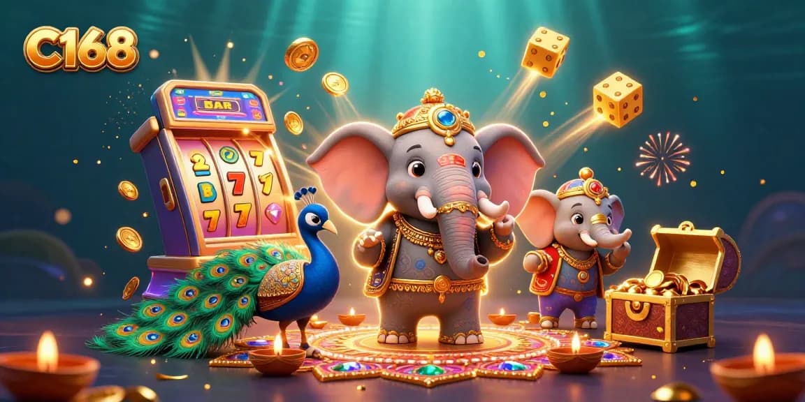 C168 players engaging in lively slots gameplay amid vibrant visuals and festive elements