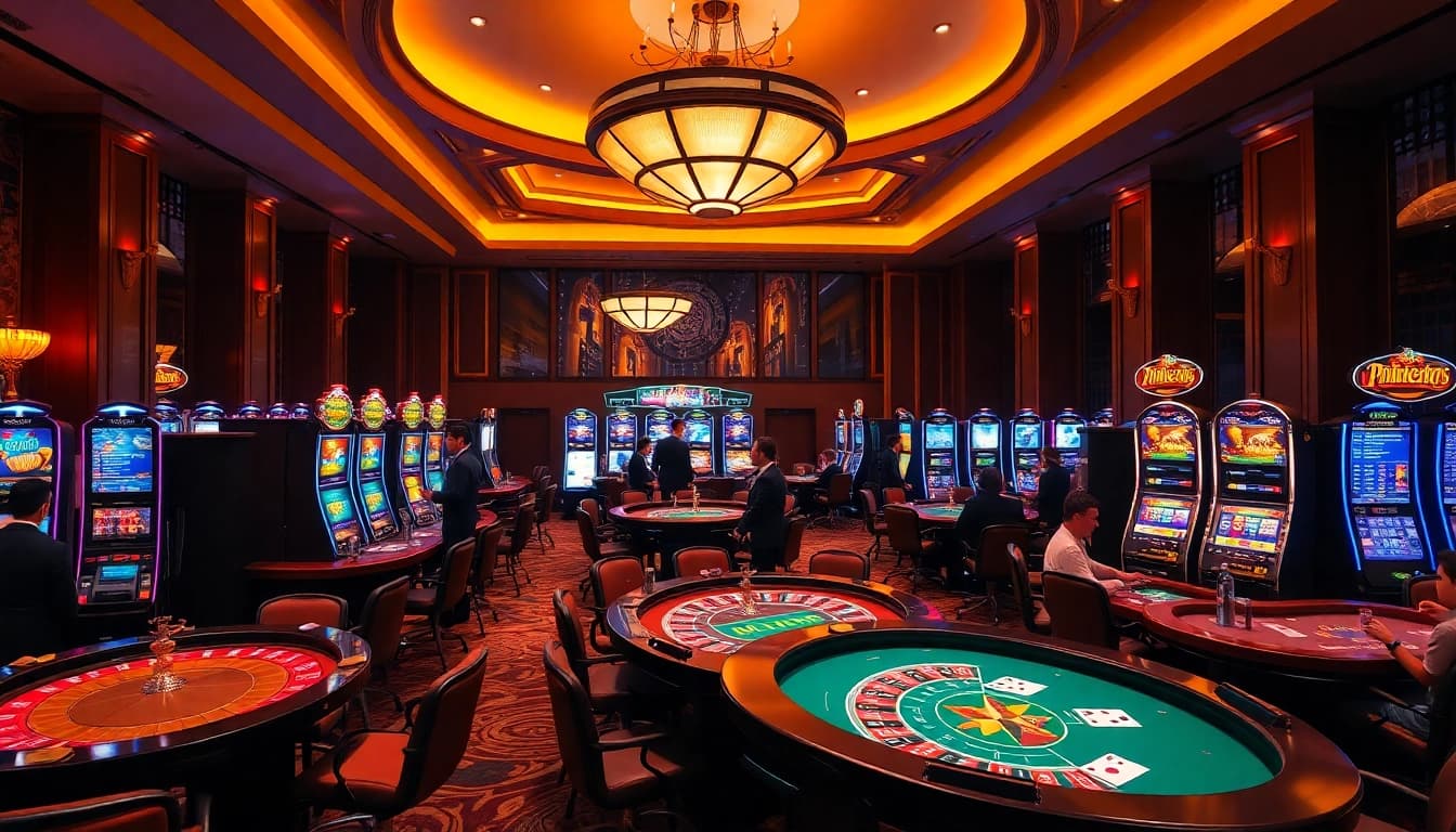 An exciting casino scene at nk88.fyi showcasing vibrant games, luxury ambiance, and players engaging in thrilling actions.