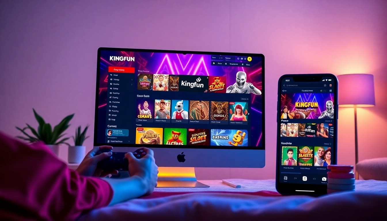 KINGFUN online gaming platform showcasing vibrant game categories on desktop and mobile views, highlighting user engagement.