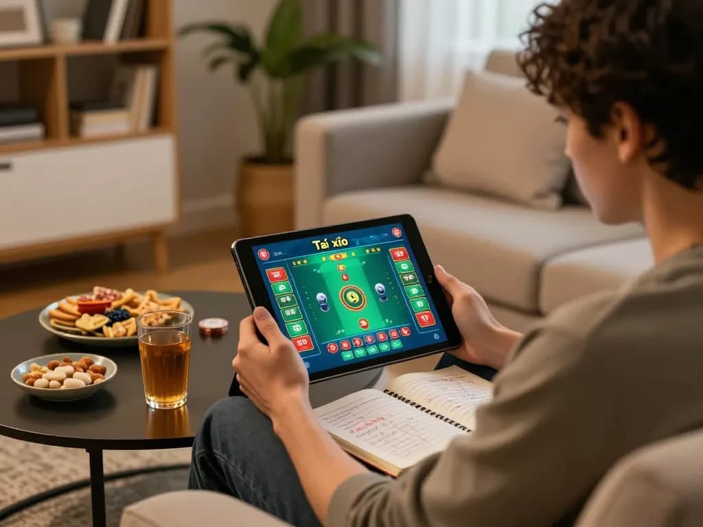 Tài xỉu online gameplay in a cozy home setup, player strategizing with a tablet and notes.