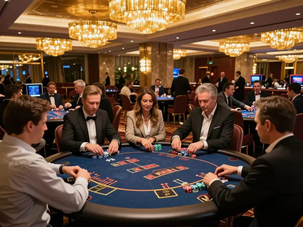 Lucky win moment at a vibrant casino as players engage in strategic poker games surrounded by excitement.
