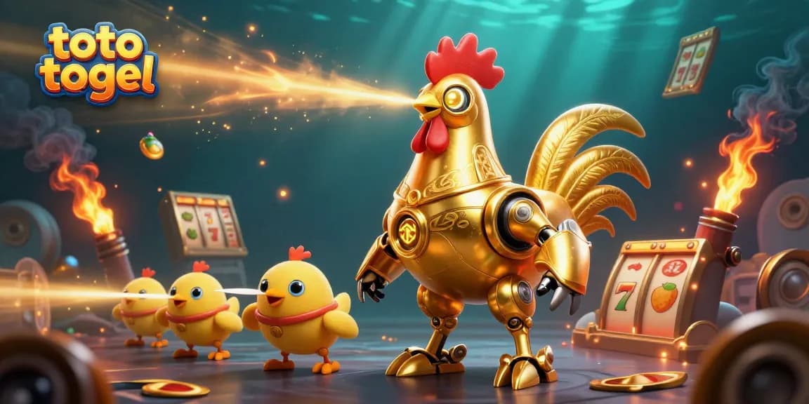 Engage in thrilling toto togel action with a golden rooster robot and baby chick drones.