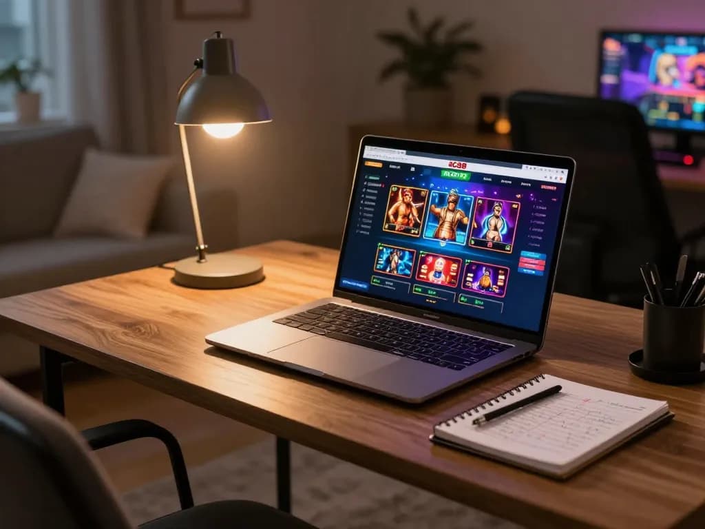 Experience engaging online games at https://sc88.charity/ with a stylish gaming setup featuring vibrant casino visuals.