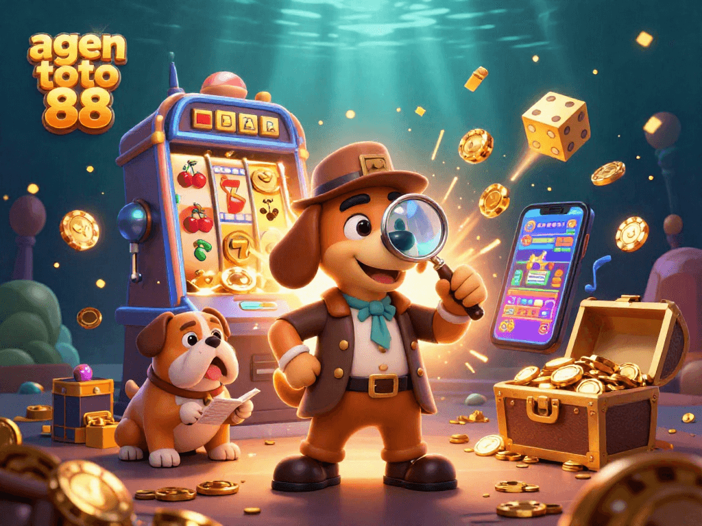 Engage in thrilling fun with agen toto 88 as the detective discovers clues amidst a vibrant casino backdrop.