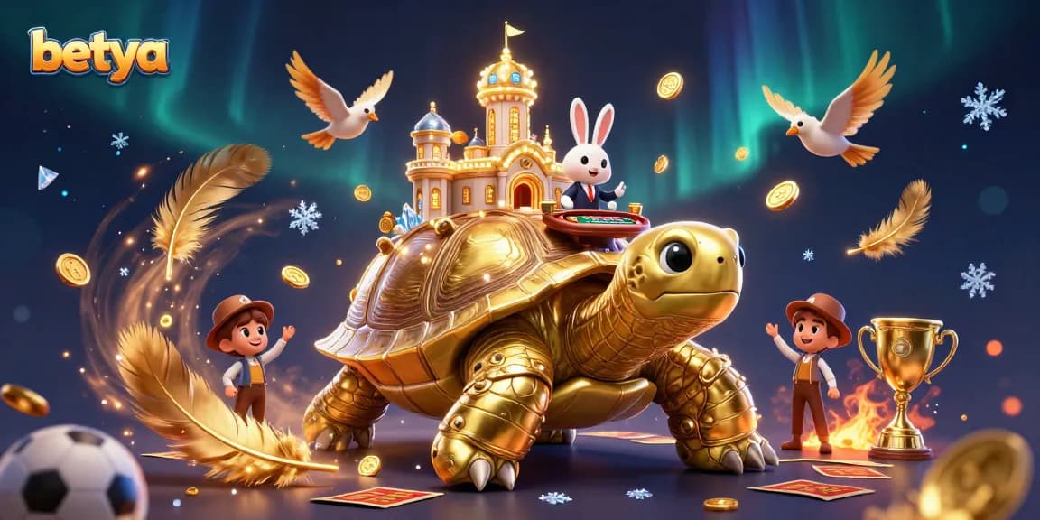 Betya showcases a vibrant scene with a giant tortoise casino, a rabbit dealer, and sports betting elements.